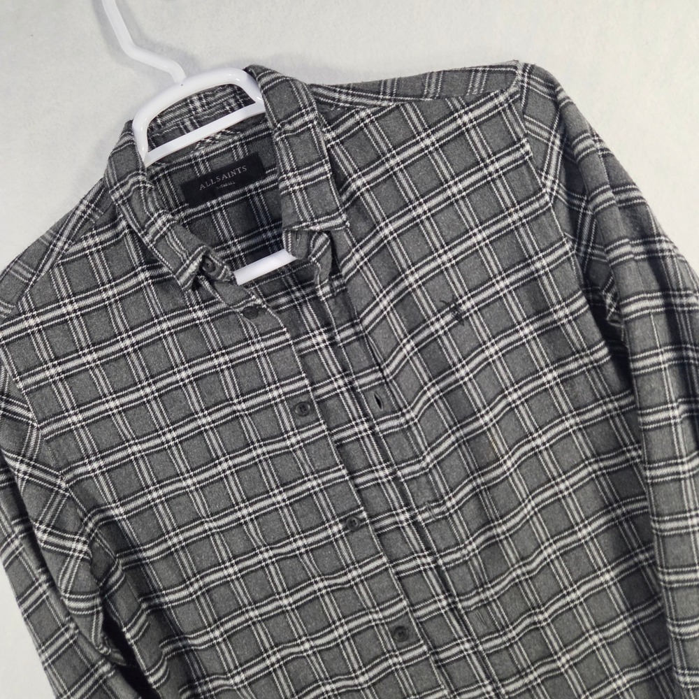 AllSaints Grey Plaid Flannel Ramskull Logo Button Down Shirt Mens XS